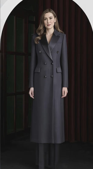 Black Twill Wool / Blend Ladies  Evening Coat
