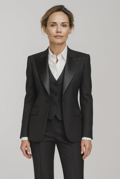 Black Wool Twill / Blend Two Piece Ladies Evening Suit 