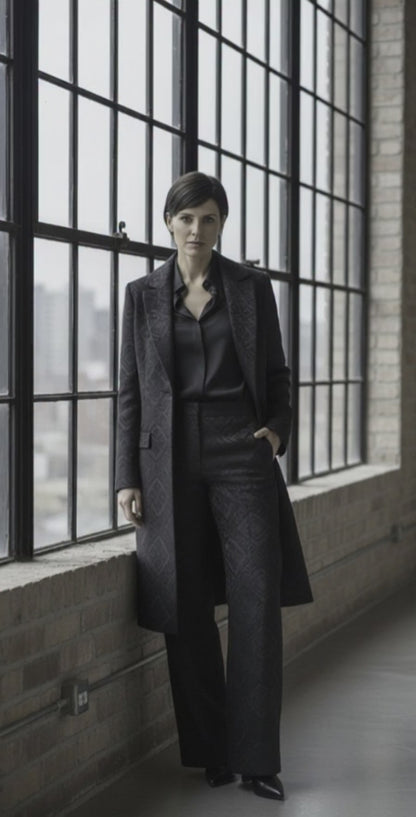 Women's Tuxedo Black Textured Jacquard Long Jacket  / Style Number J39163/200