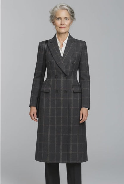 Black/Purple Check Wool / Blend Ladies Evening Coat