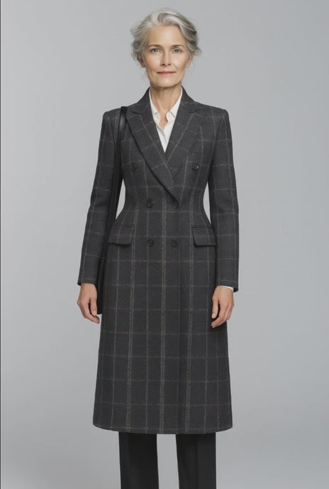 Black/Purple Check Wool / Blend Ladies Evening Coat