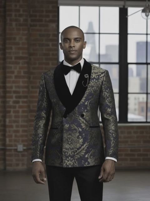 Tuxedo Navy and Black Patterned Jacquard Jacket