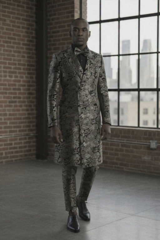 Tuxedo Gold and Red/ Black Patterned Brocade Long Jacket
