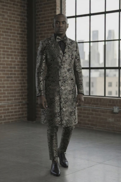Tuxedo Gold and Red/ Black Patterned Brocade Long Jacket