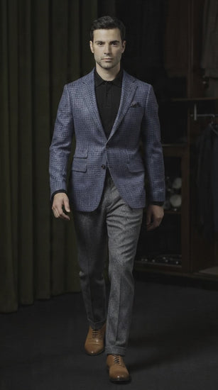 Navy Puppytooth Wool Single Breasted Jacket / Plus Grey Wool Trousers