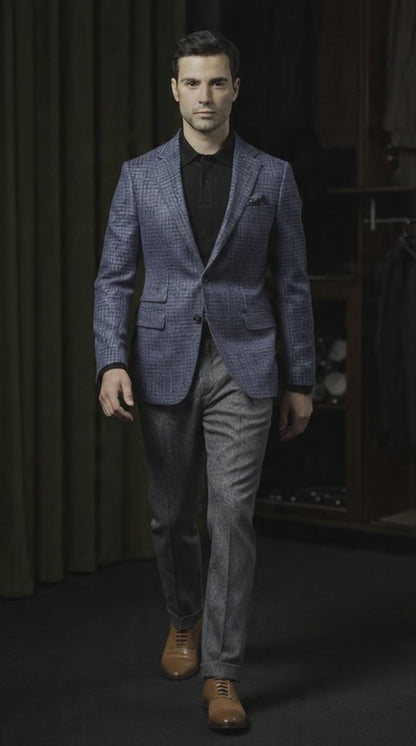 Navy Puppytooth Wool Single Breasted Jacket / Plus Grey Wool Trousers