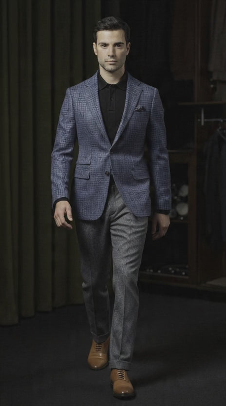 Navy Puppytooth Wool Single Breasted Jacket / Plus Grey Wool Trousers