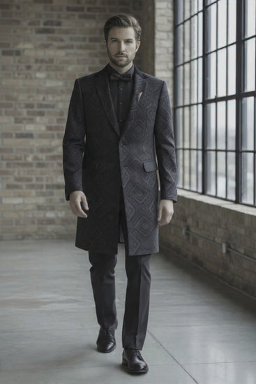 Tuxedo Black Textured Jacquard Long Jacket 