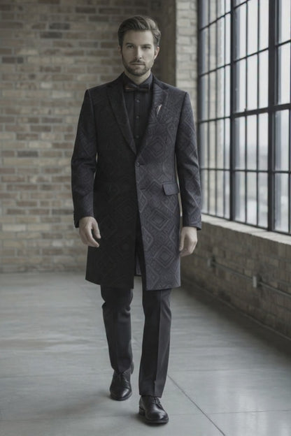 Tuxedo Black Textured Jacquard Long Jacket 