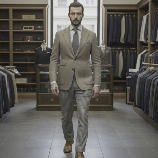 Light Brown Wool and Cashmere Single Breasted Jacket / Plus Pinstripe Wool Trousers