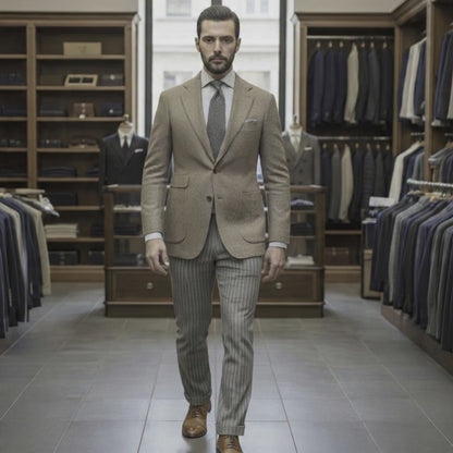 Light Brown Wool and Cashmere Single Breasted Jacket / Plus Pinstripe Wool Trousers