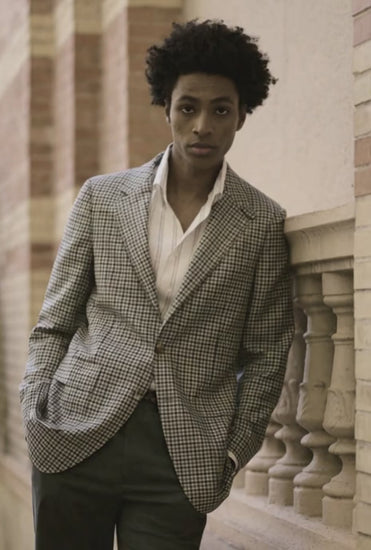 Italian Ivory Green & Navy Check Wool & Linen & Silk Jacket Plus Dark Green Chino Trousers