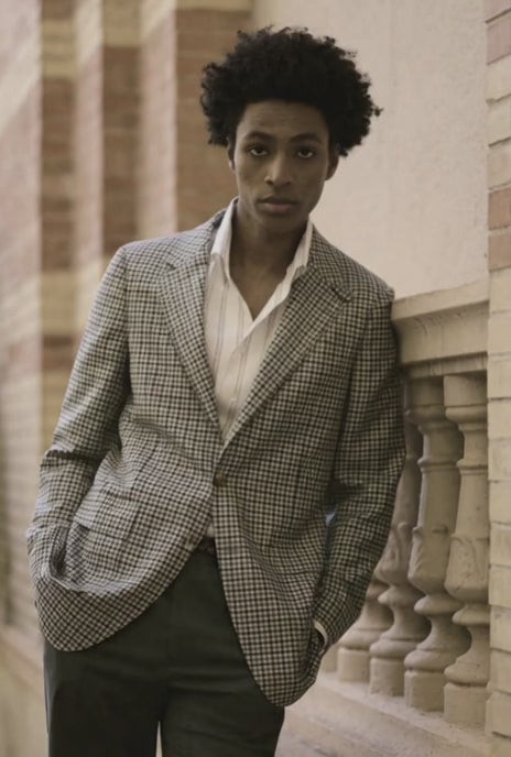 Italian Ivory Green & Navy Check Wool & Linen & Silk Jacket Plus Dark Green Chino Trousers