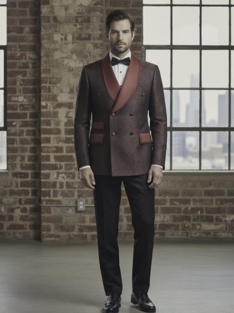 Tuxedo Burgundy and Black Patterned Jacquard Jacket
