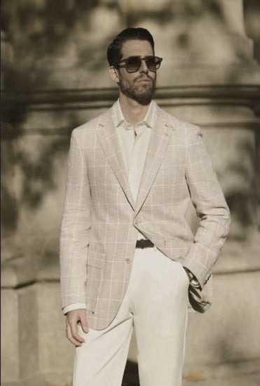 Italian Beige & White /Check Linen Jacket Plus White Bamboo & Wool-Silk Trousers