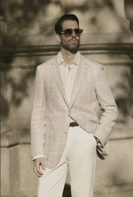 Italian Beige & White /Check Linen Jacket Plus White Bamboo & Wool-Silk Trousers