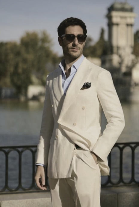 Italian White Linen Herringbone Double Breasted Two Suit