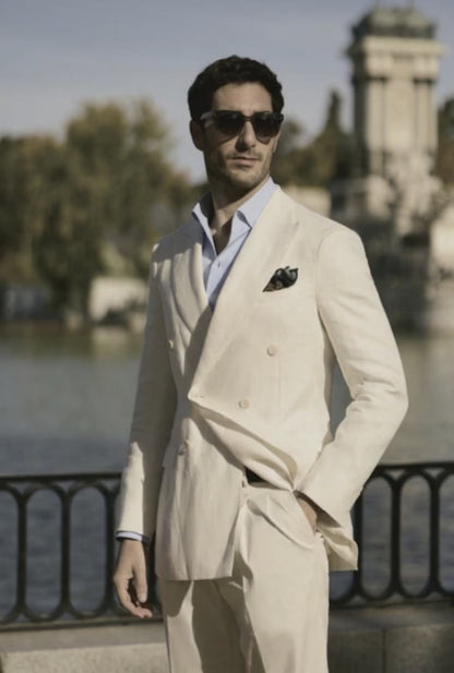 Italian White Linen Herringbone Double Breasted Two Suit
