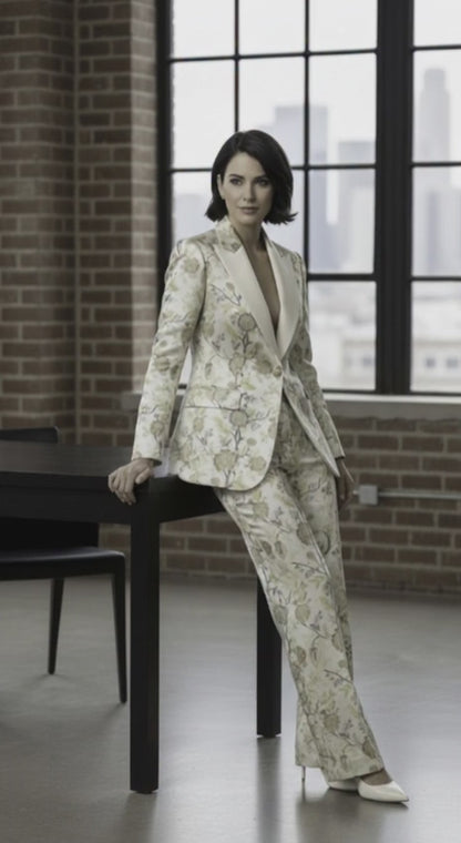 Women's Tuxedo Cream and Green Floral Patterned Brocade Jacket / Style Number J39196/220