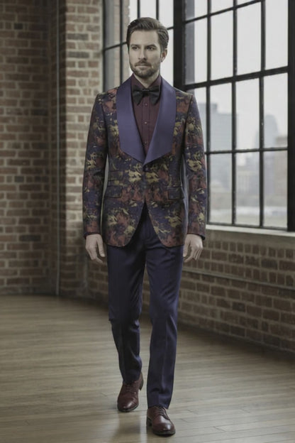 Tuxedo Navy and Red and Gold Patterned Brocade Jacket / Style Number J39204/220