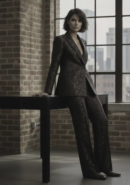 Women's Tuxedo Black and Gold Patterned Jacquard Jacket  / Style Number J39173/200