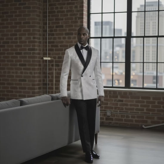 Tuxedo White/ Black Brocade Jacket DB  