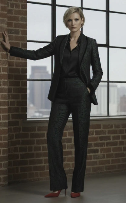 Women's Tuxedo Green and Black Patterned Jacquard Jacket / Style Number J39175/220