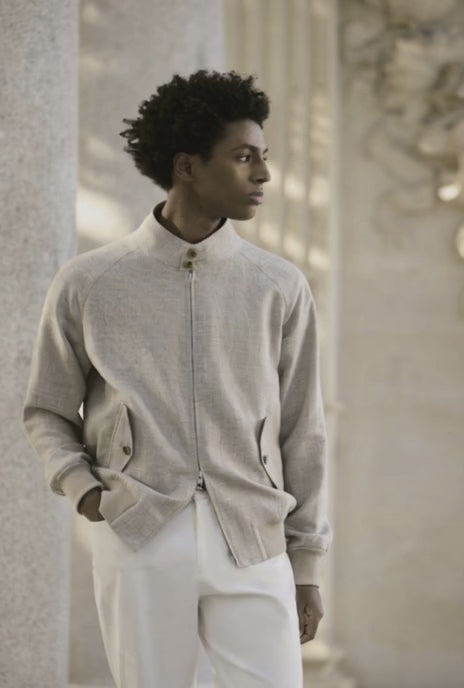 Italian Beige Wool & Linen-Silk & Spandex Jacket Plus White Trousers