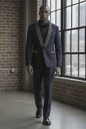 Tuxedo Navy Patterned Jacquard Jacket