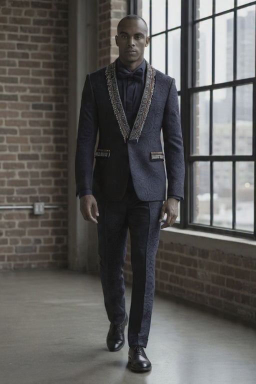 Tuxedo Navy Patterned Jacquard Jacket
