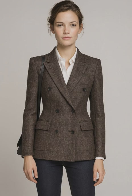Ladies Black-Brown Ladies Check Wool/Silk Blend Jacket 