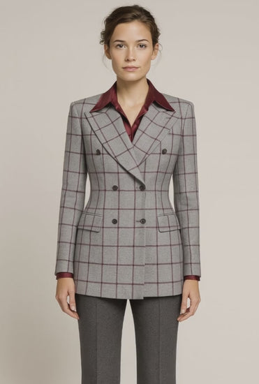 Grey-Wine Ladies Double Breasted Check Wool Jacket 