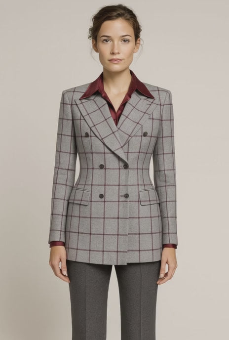 Grey-Wine Ladies Double Breasted Check Wool Jacket 