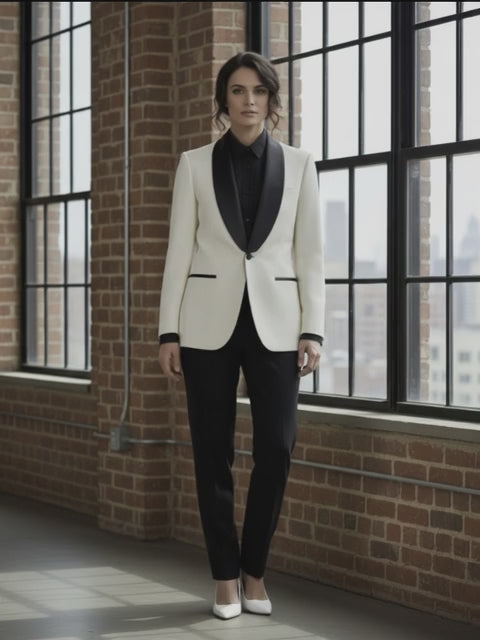 Women's Tuxedo Ivory & Black Textured Jacket,