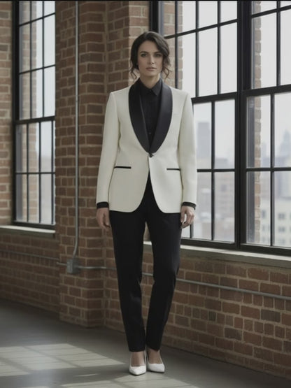 Women's Tuxedo Ivory & Black Textured Jacket,