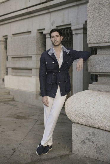 Italian Navy Wool/ Linen & Silk Safari Jacket Plus White Chino Trousers