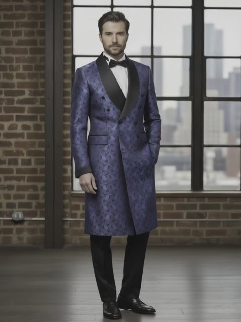 Tuxedo Blue and Navy Patterned Brocade Long Jacket