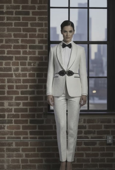Women's Tuxedo Ivory and Black Jacquard Jacket 