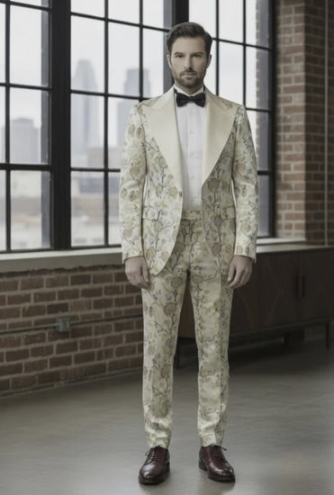 Mens Tuxedo Cream and Green Floral Patterned Brocade