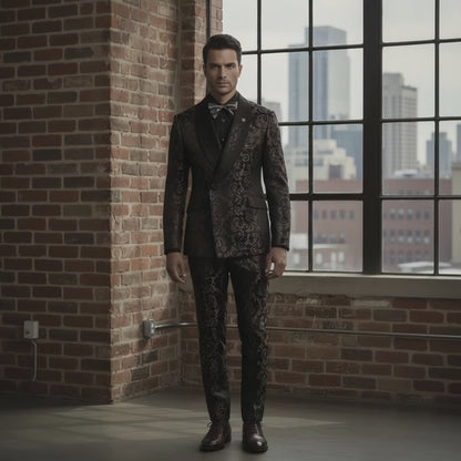 Tuxedo Black and Gold Patterned Jacquard Jacket