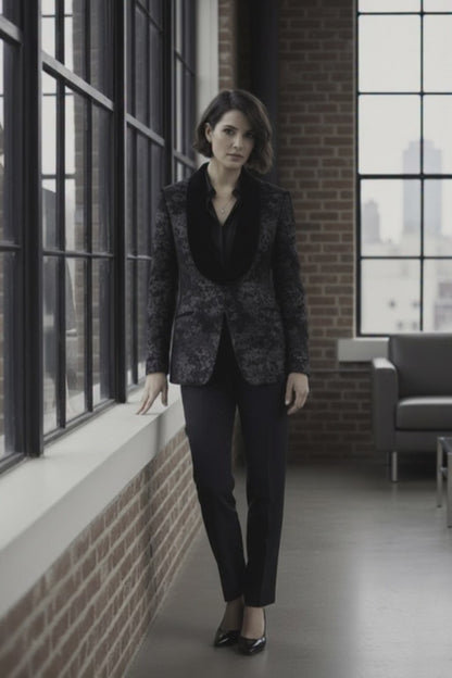 Women's Tuxedo Black and Patterned Brocade Jacket  / Style Number J39141/200