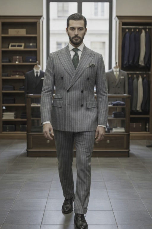 Grey Pinstripe Double Breasted Jacket / Plus Grey Pinstripe Trousers