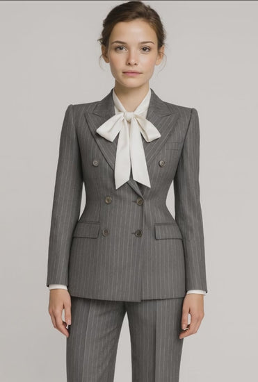 Grey Flannel Wool Pinstripe / Two Piece Ladies Suit 