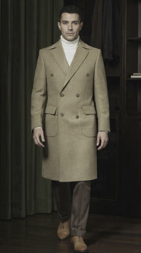 Tan Wool and Cashmere Double Breasted Overcoat