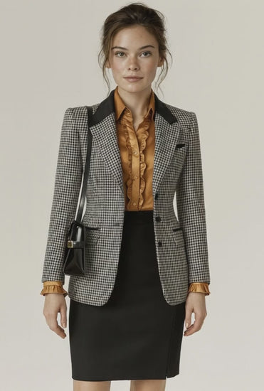 Black-White Large Houndstooth Check And Black Twill Ladies Skirt