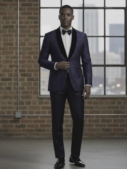 Tuxedo Blue and Navy Patterned Brocade Jacket 