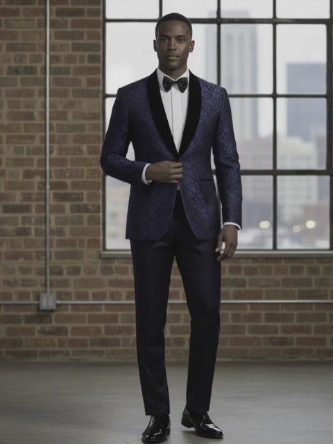 Tuxedo Blue and Navy Patterned Brocade Jacket 
