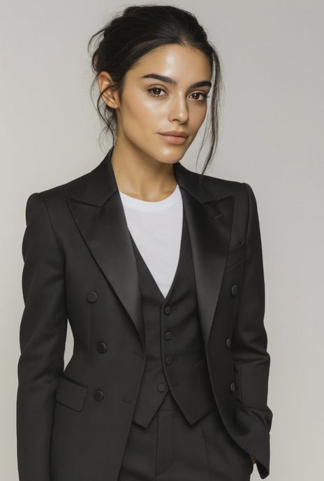 Black Wool Twill / Blend Three Piece Ladies Evening Suit 