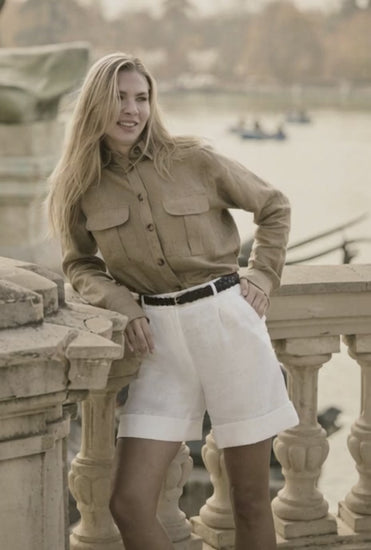Italian Beige Linen Shirt Jacket / Women's Two Piece White Linen Shorts