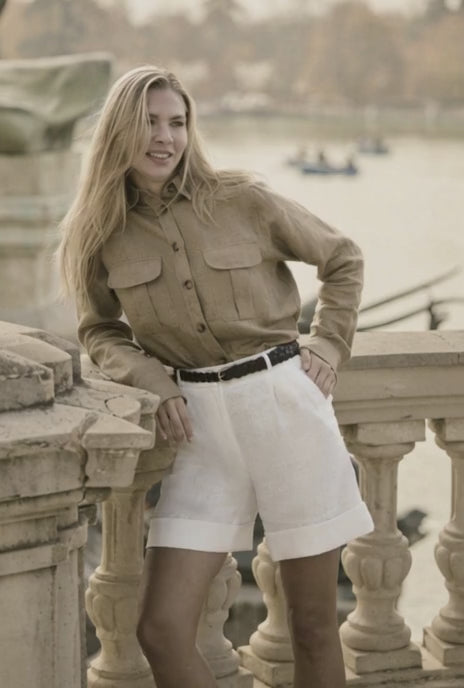Italian Beige Linen Shirt Jacket / Women's Two Piece White Linen Shorts